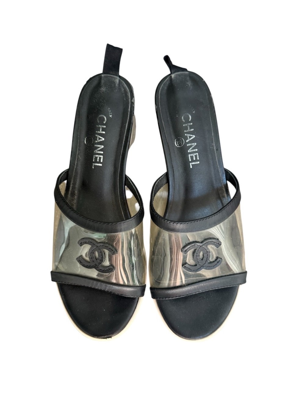Chanel 2019 PVC CC Logo Lucite Block Heel Slide Sandals Black Clear IT 36